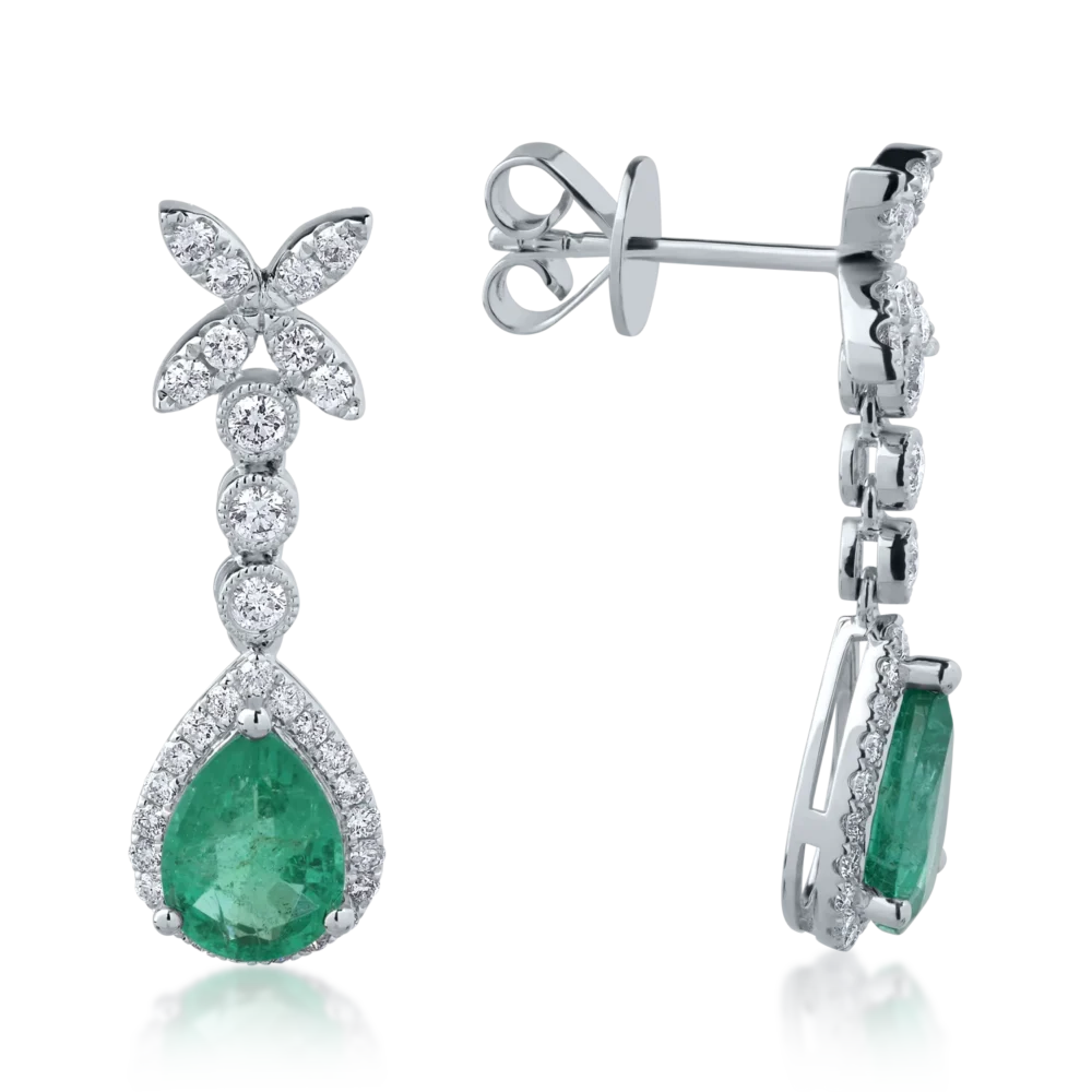 Cercei din aur alb cu smaralde pear de 2ct si diamante round de 0.6ct - imagine 3