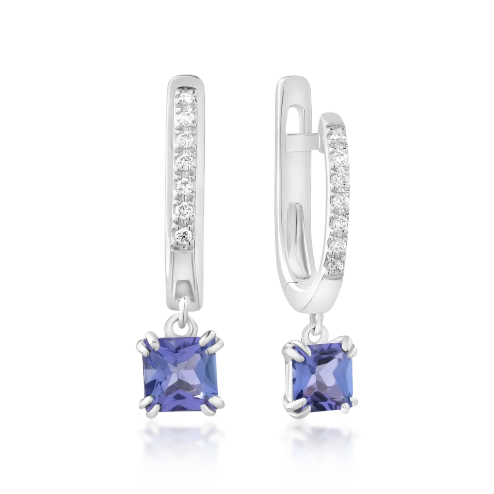 Cercei din aur alb cu tanzanite princess de 0.775ct si diamante de 0.05ct