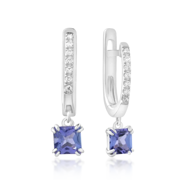 Cercei din aur alb cu tanzanite princess de 0.775ct si diamante de 0.05ct