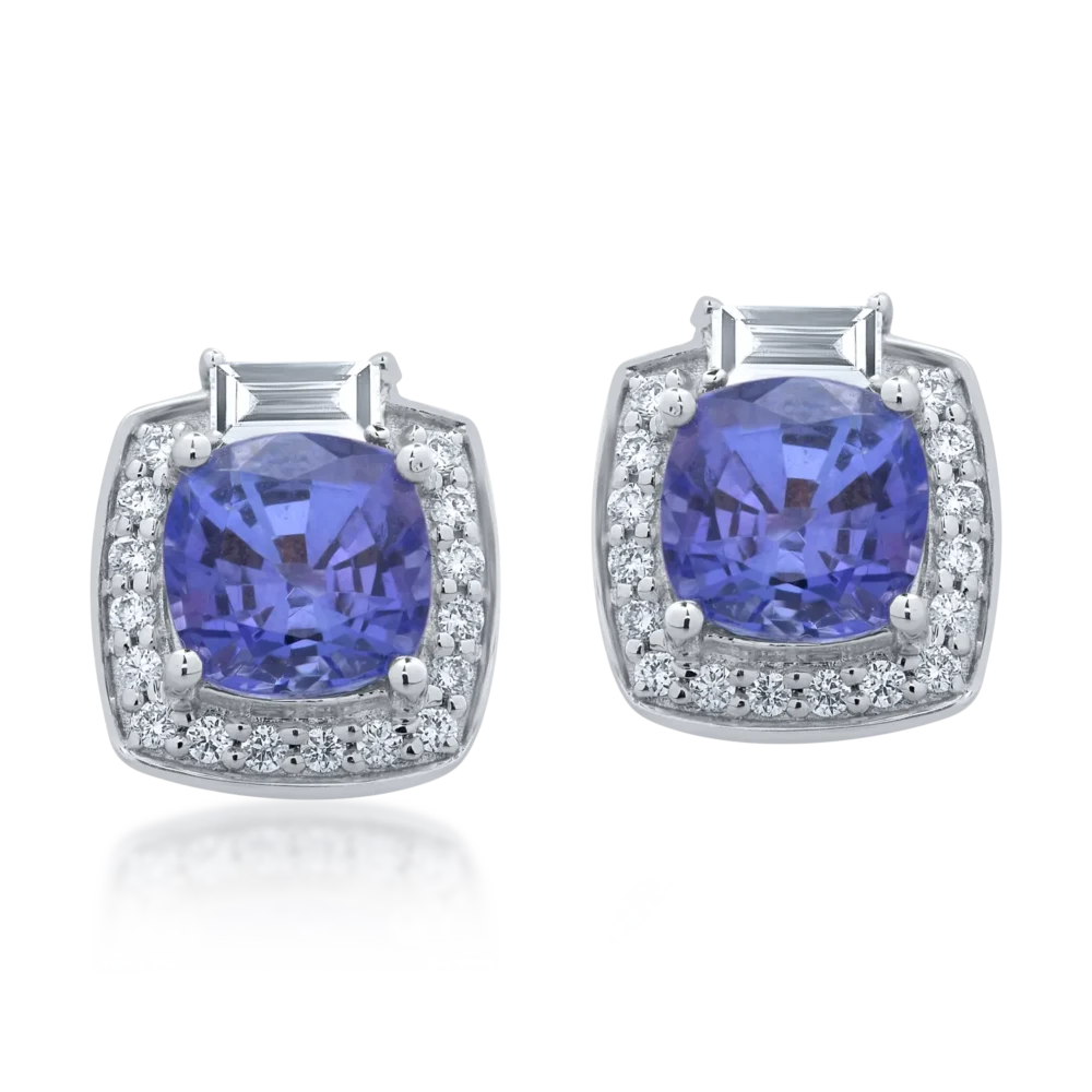 Cercei din aur alb cu tanzanite cushion de 2.2ct si diamante baguette si rotunde de 0.367ct - imagine 2