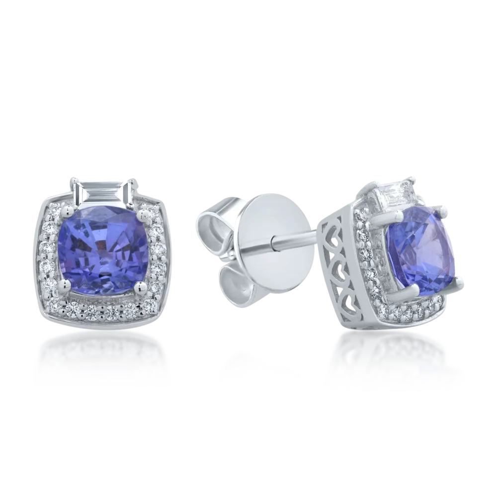 Cercei din aur alb cu tanzanite cushion de 2.2ct si diamante baguette si rotunde de 0.367ct