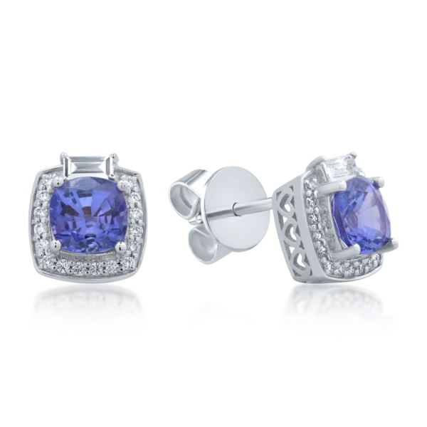 Cercei din aur alb cu tanzanite cushion de 2.2ct si diamante baguette si rotunde de 0.367ct