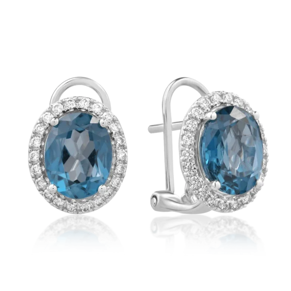 Cercei din aur alb cu topaze London blue ovale de 4.1ct si diamante de 0.1ct