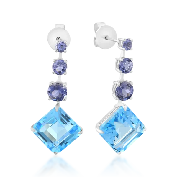 Cercei din aur alb cu topaze albastre octogonale de 11.4ct si iolite de 1.7ct
