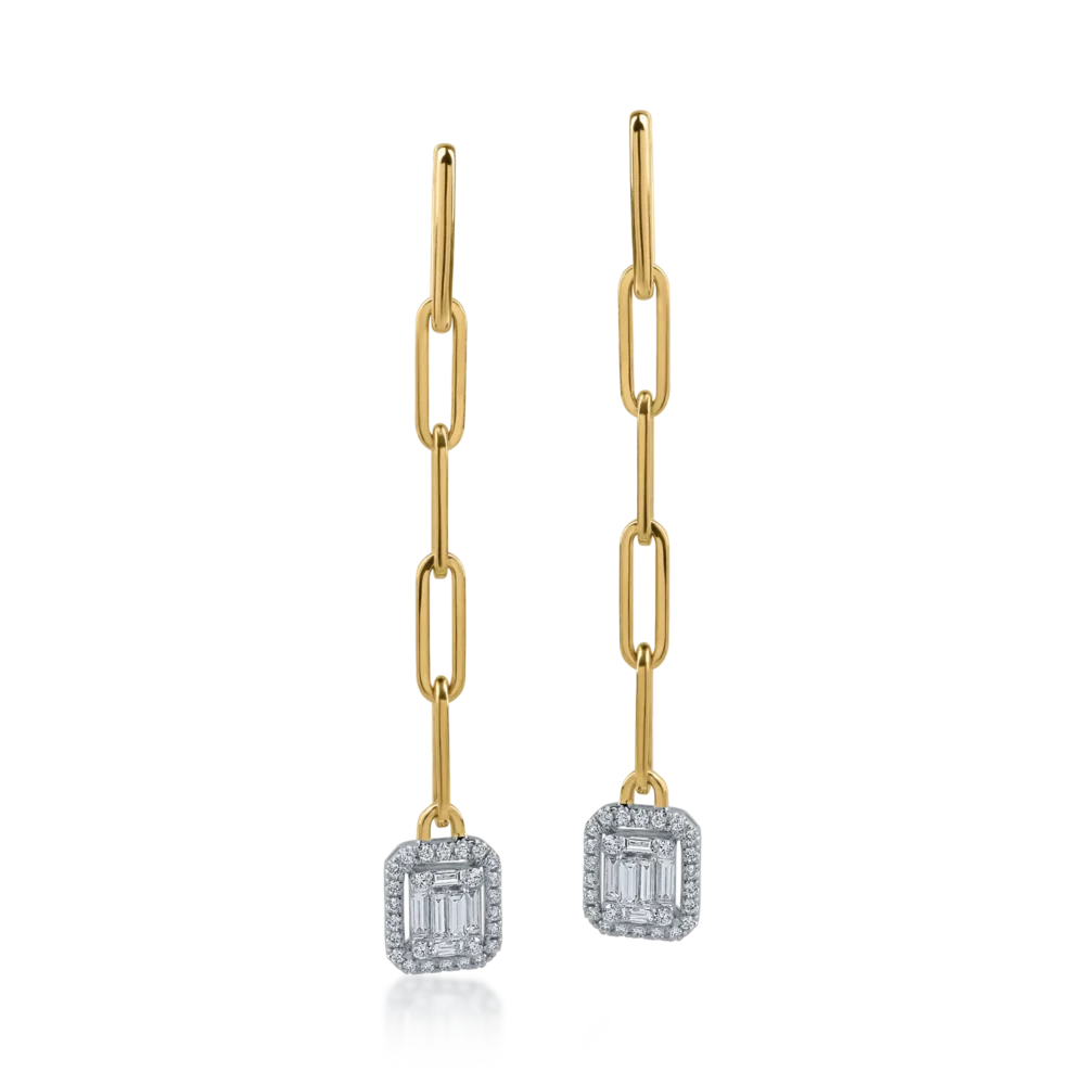Cercei din aur alb-galben cu diamante baguette si rotunde de 0.99ct - imagine 2