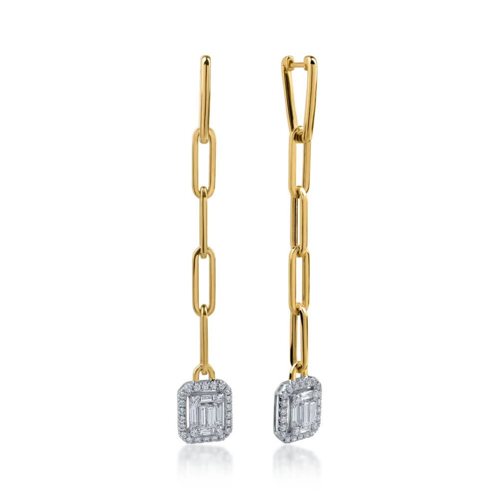 Cercei din aur alb-galben cu diamante baguette si rotunde de 0.99ct