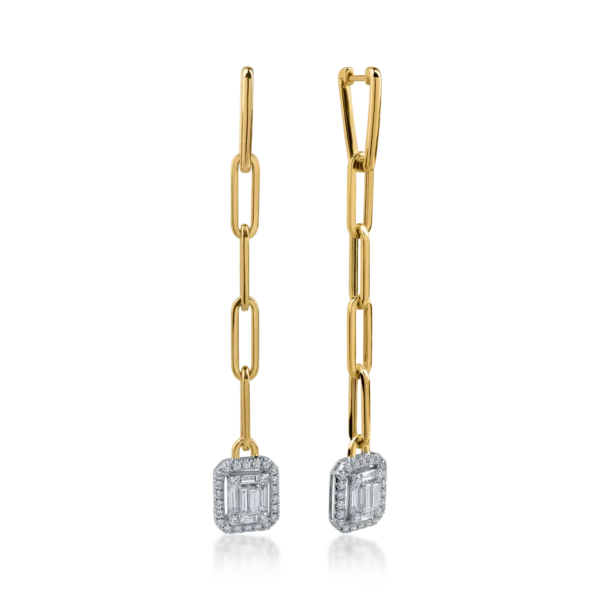 Cercei din aur alb-galben cu diamante baguette si rotunde de 0.99ct