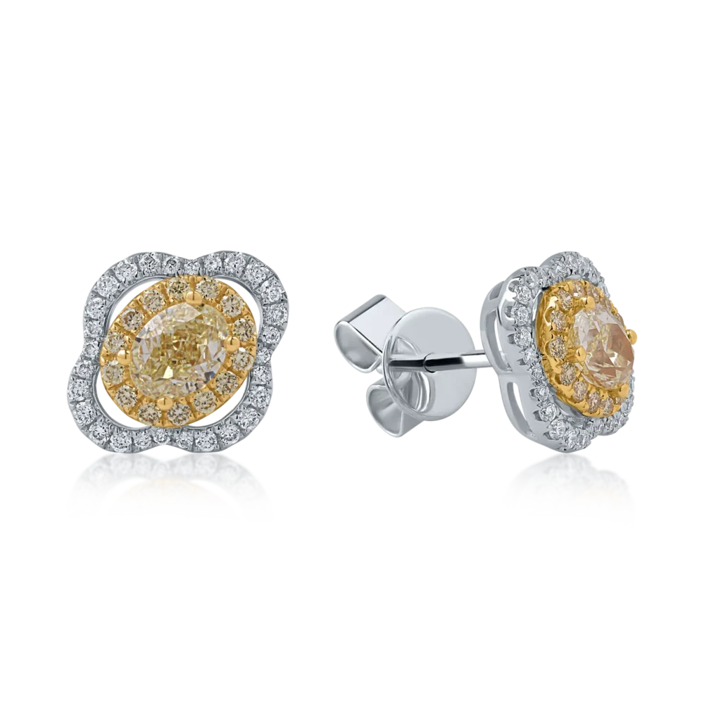 Cercei din aur alb-galben cu diamante ovale si rotunde de 1.72ct
