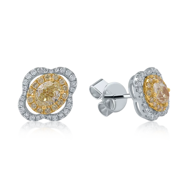 Cercei din aur alb-galben cu diamante ovale si rotunde de 1.72ct