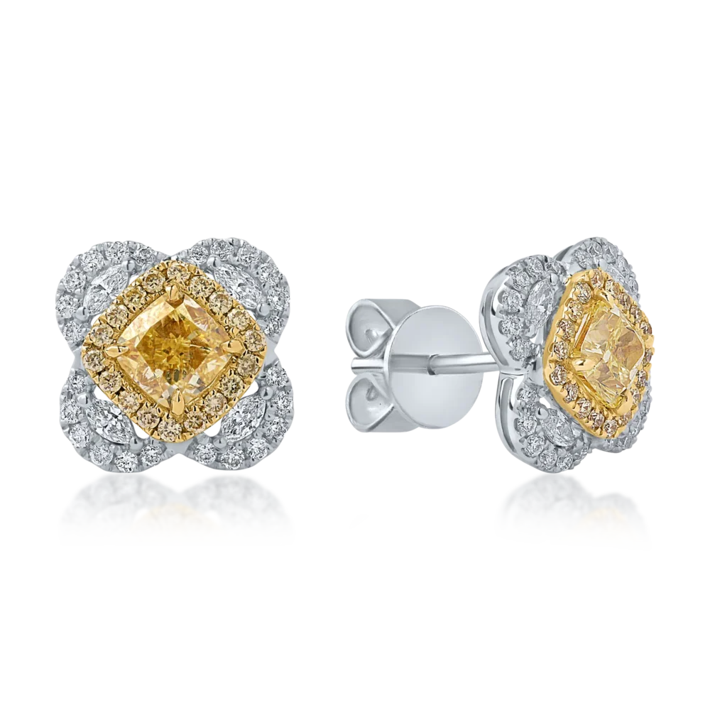 Cercei din aur alb-galben cu diamante cushion marquise si round de 1.9ct