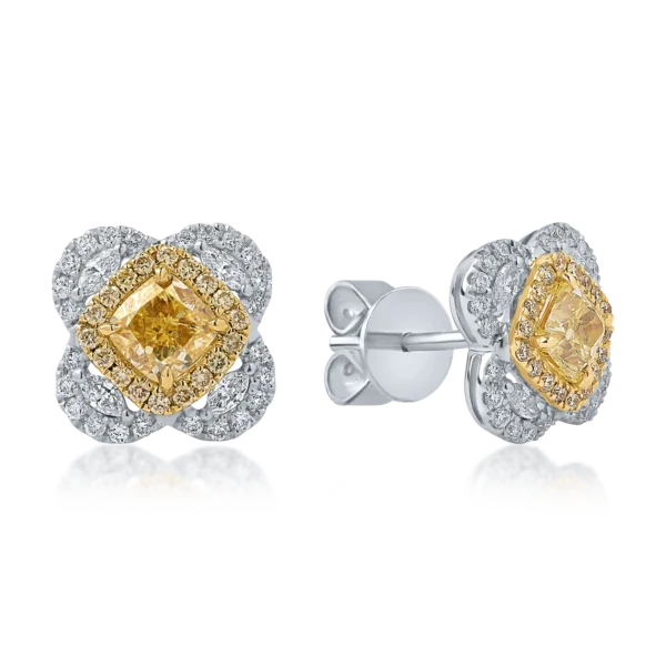 Cercei din aur alb-galben cu diamante cushion marquise si round de 1.9ct
