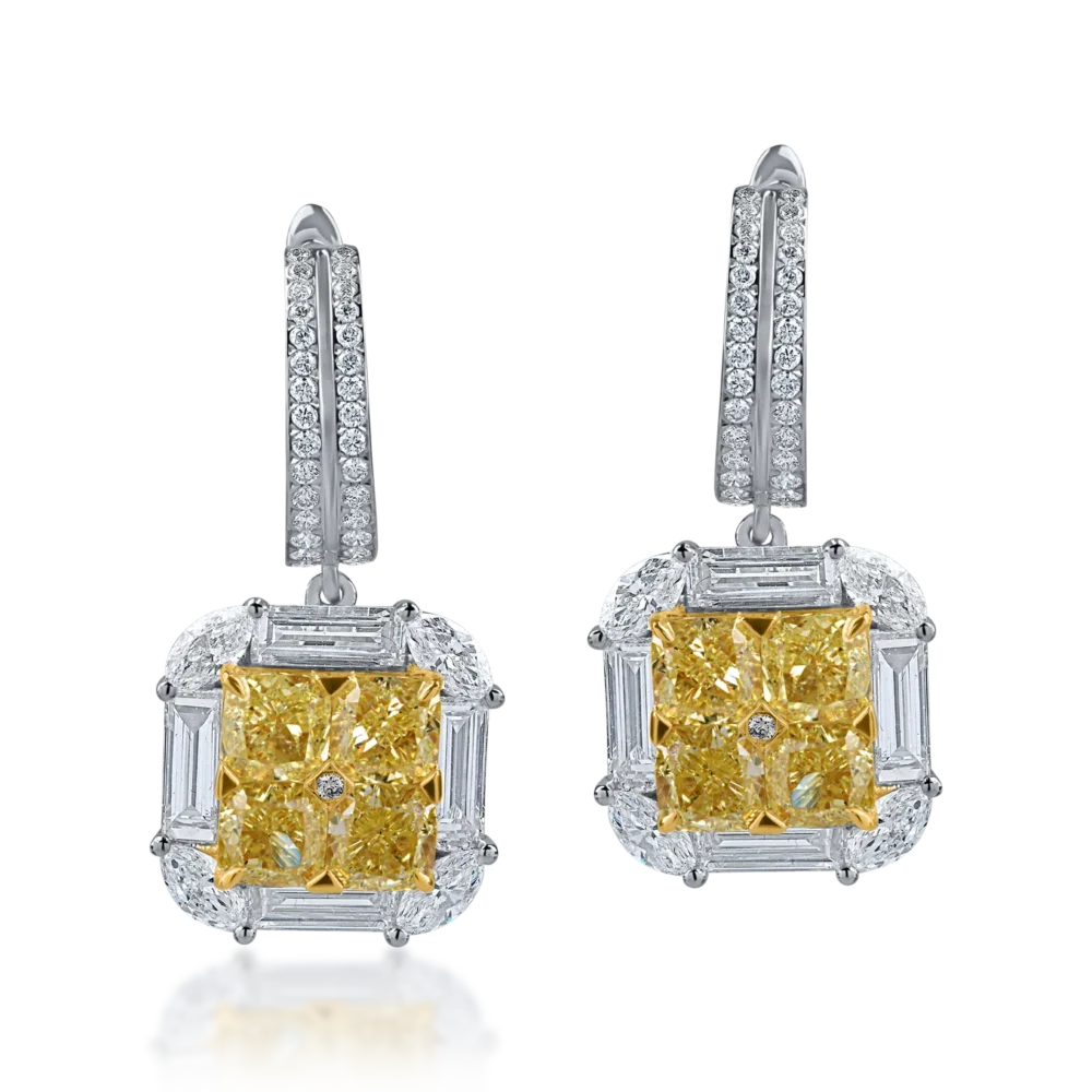 Cercei din aur alb-galben cu diamante fancy galbene cushion de 3.7ct si diamante round si baguette de 2.4ct - imagine 2