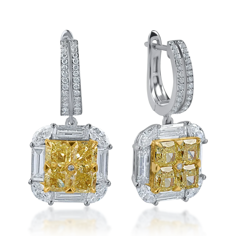 Cercei din aur alb-galben cu diamante fancy galbene cushion de 3.7ct si diamante round si baguette de 2.4ct