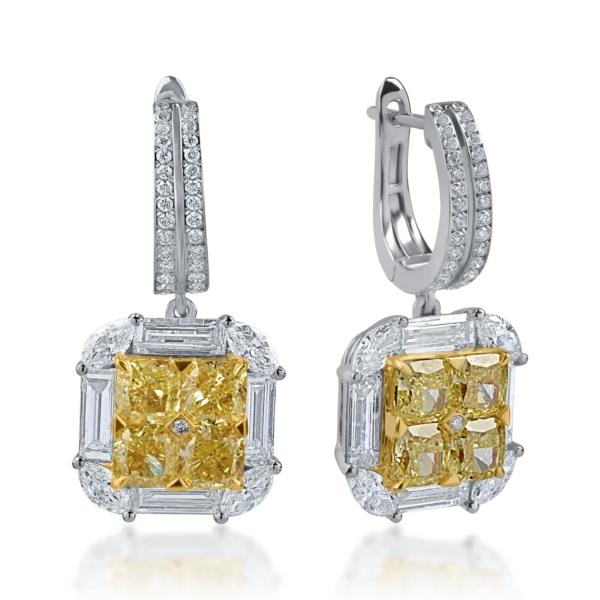 Cercei din aur alb-galben cu diamante fancy galbene cushion de 3.7ct si diamante round si baguette de 2.4ct