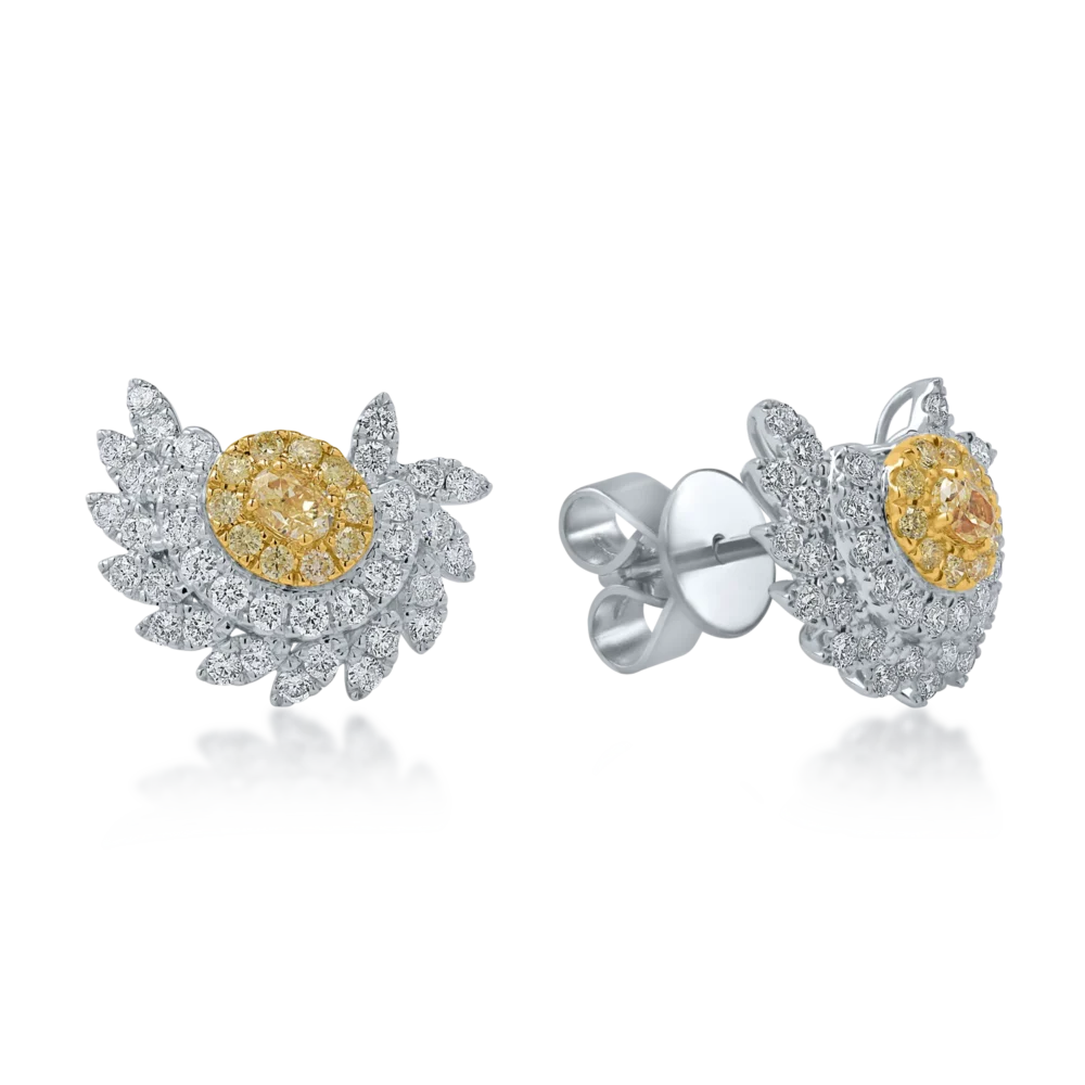 Cercei din aur alb-galben cu diamante galbene de 0.66ct si diamante transparente de 1.11ct