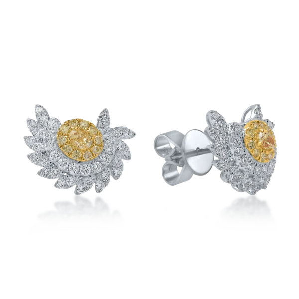 Cercei din aur alb-galben cu diamante galbene de 0.66ct si diamante transparente de 1.11ct