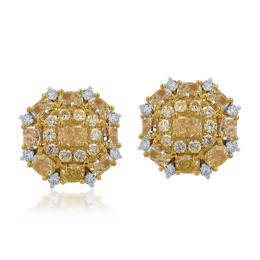 Cercei din aur alb-galben cu diamante galbene cushion de 4ct si diamante incolore round de 0.34ct - imagine 2