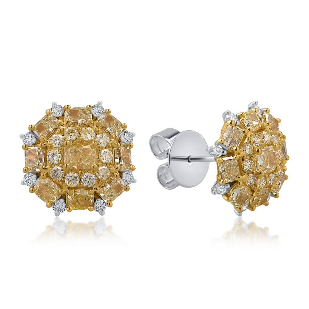 Cercei din aur alb-galben cu diamante galbene cushion de 4ct si diamante incolore round de 0.34ct