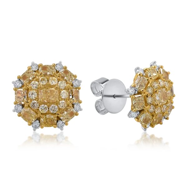 Cercei din aur alb-galben cu diamante galbene cushion de 4ct si diamante incolore round de 0.34ct