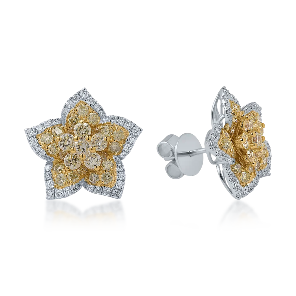 Cercei din aur alb-galben cu diamante galbene si incolore de 1.9ct