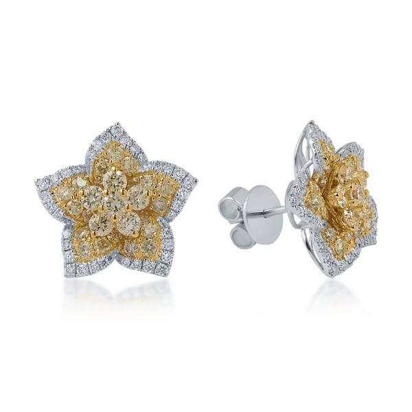 Cercei din aur alb-galben cu diamante galbene si incolore de 1.9ct