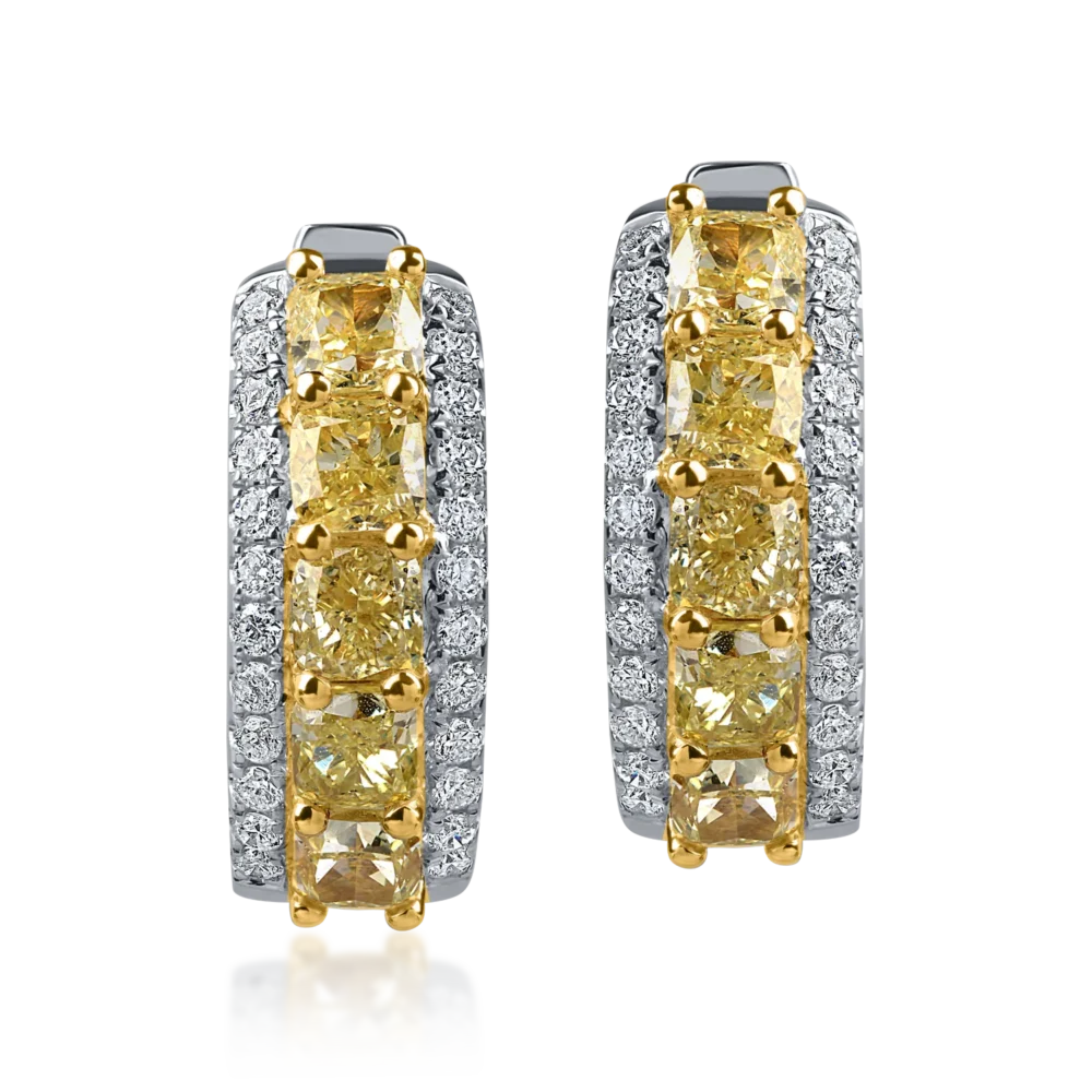 Cercei din aur alb-galben cu diamante galbene cushion si incolore de 2.2ct - imagine 2