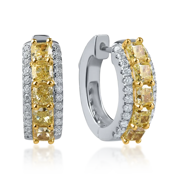 Cercei din aur alb-galben cu diamante galbene cushion si incolore de 2.2ct