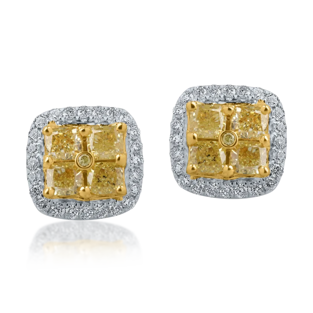 Cercei din aur alb-galben cu diamante galbene cushion si round si diamante incolore de 2.4ct - imagine 2