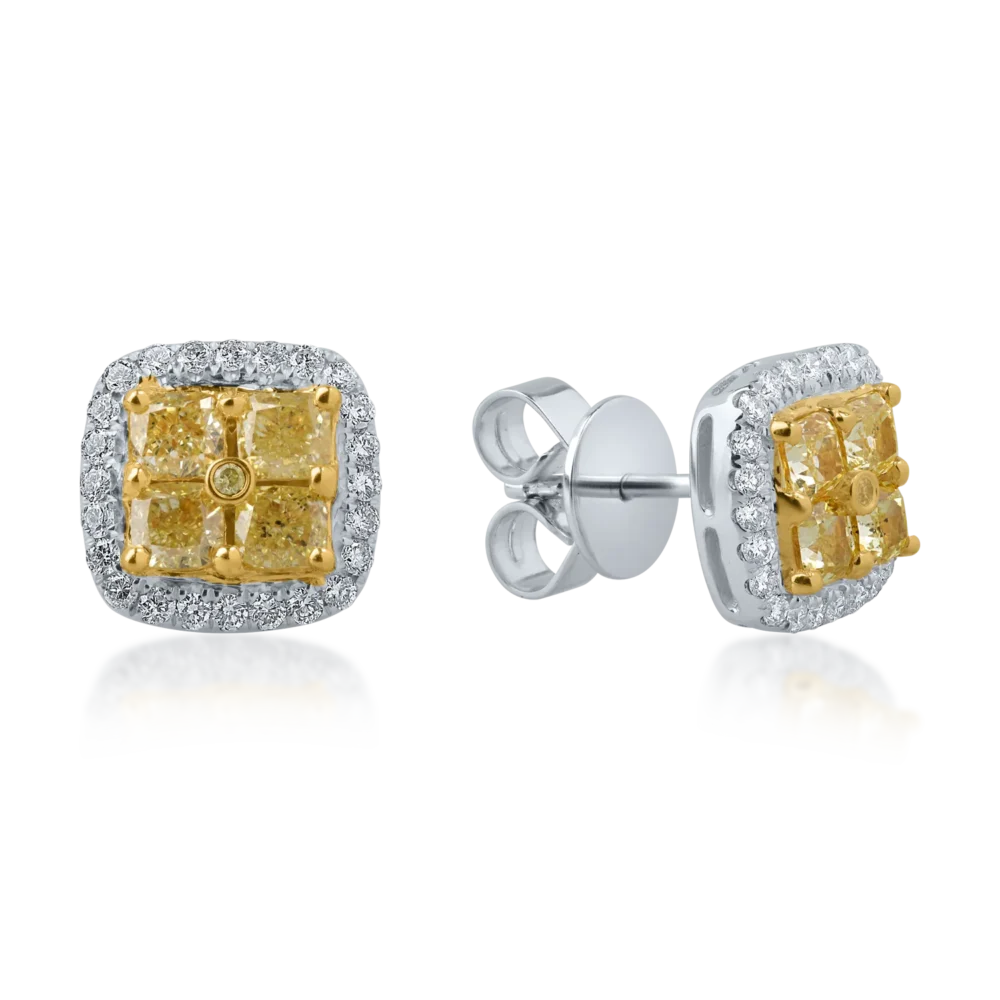 Cercei din aur alb-galben cu diamante galbene cushion si round si diamante incolore de 2.4ct