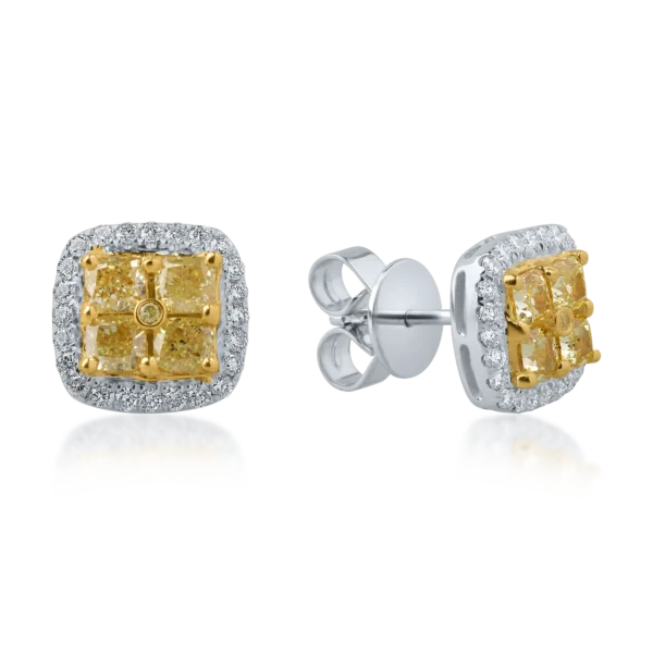 Cercei din aur alb-galben cu diamante galbene cushion si round si diamante incolore de 2.4ct