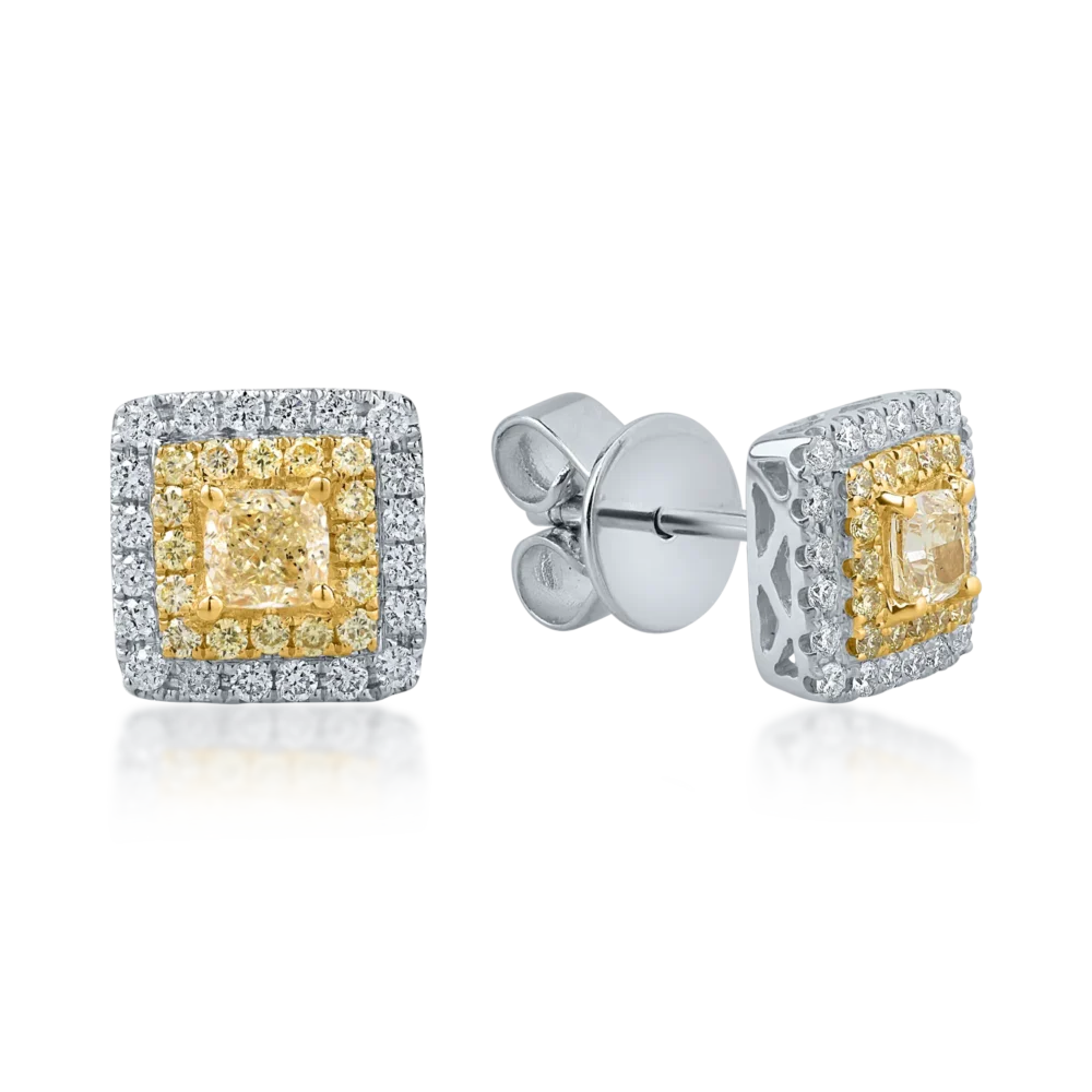Cercei din aur alb-galben cu diamante roz rectangulare si rotunde si diamante incolore de 1.26ct
