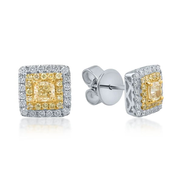Cercei din aur alb-galben cu diamante roz rectangulare si rotunde si diamante incolore de 1.26ct