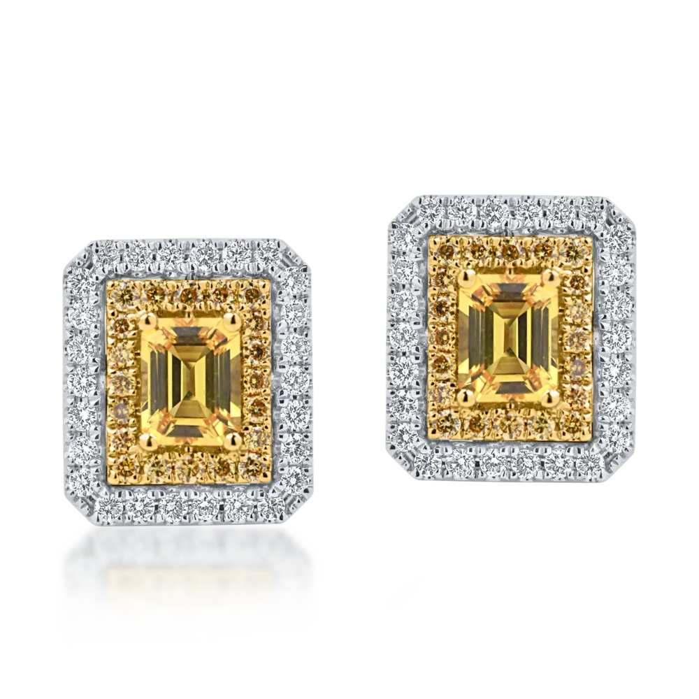 Cercei din aur alb-galben cu safire galbene octogonale de 0.77ct si diamante de 0.42ct - imagine 2