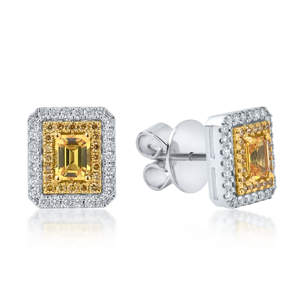 Cercei din aur alb-galben cu safire galbene octogonale de 0.77ct si diamante de 0.42ct