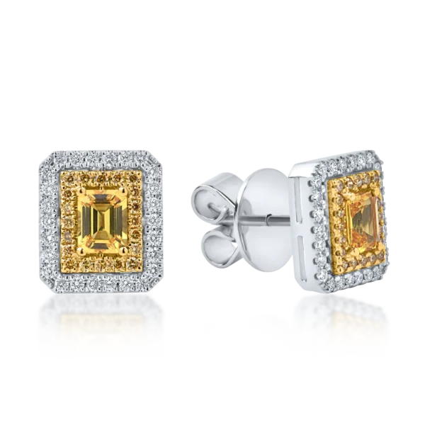 Cercei din aur alb-galben cu safire galbene octogonale de 0.77ct si diamante de 0.42ct