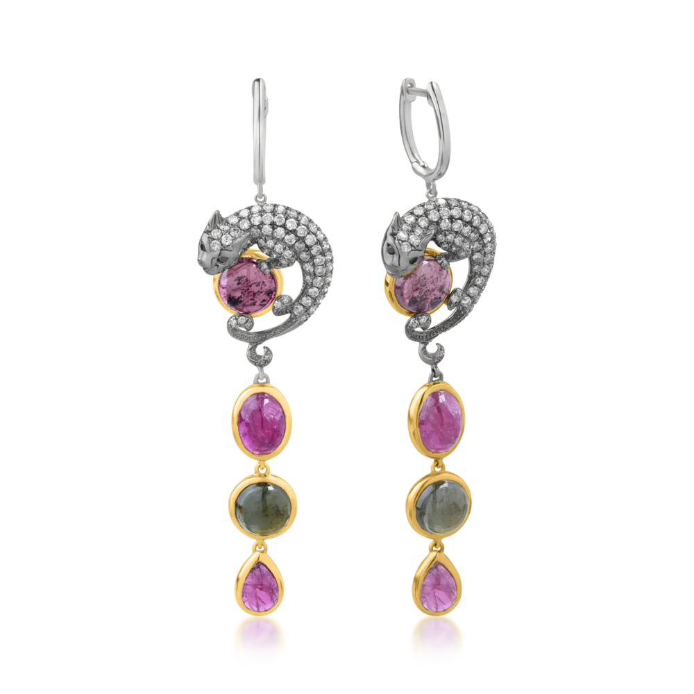 Cercei din aur alb-galben cu pietre pretioase si semipretioase de 11.71ct