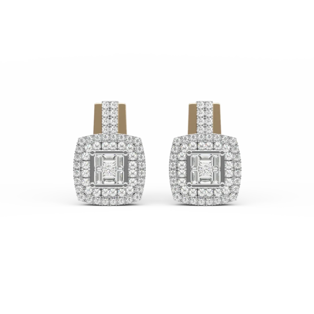 Cercei din aur alb-galben cu diamante princess,baguette si rotunde de 0.58ct - imagine 2