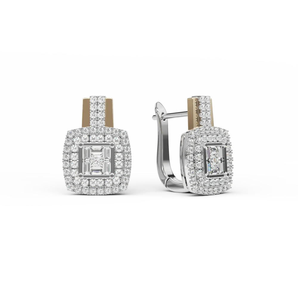Cercei din aur alb-galben cu diamante princess,baguette si rotunde de 0.58ct