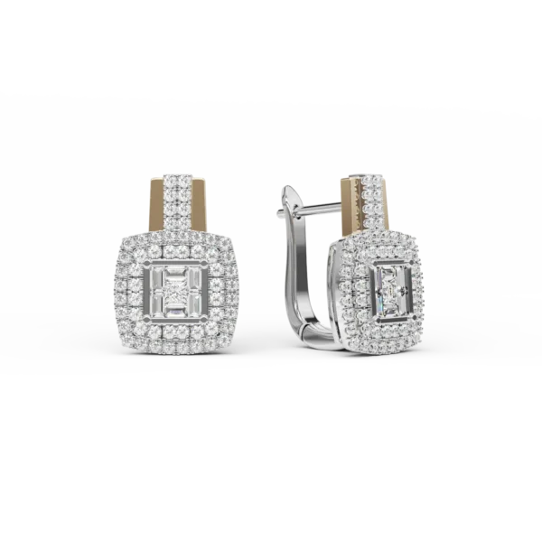 Cercei din aur alb-galben cu diamante princess,baguette si rotunde de 0.58ct