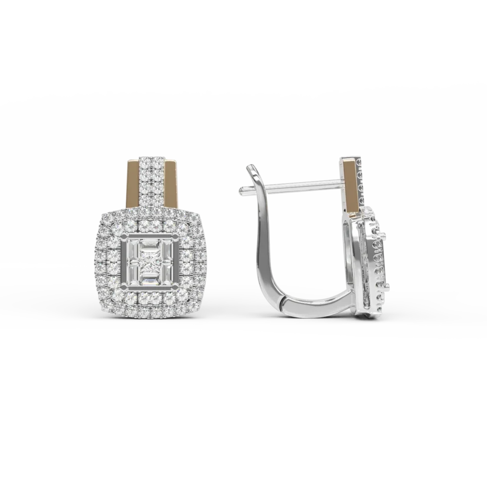 Cercei din aur alb-galben cu diamante princess,baguette si rotunde de 0.58ct - imagine 3