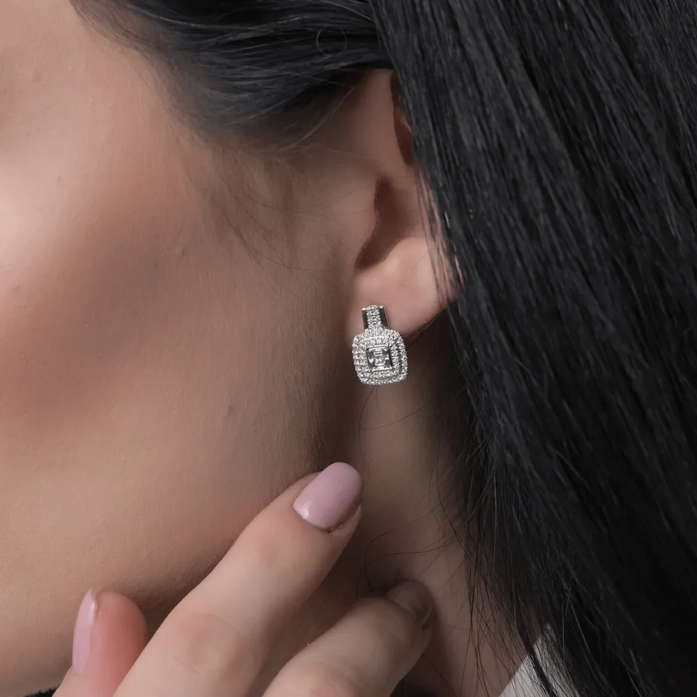 Cercei din aur alb-galben cu diamante princess,baguette si rotunde de 0.58ct - imagine 4