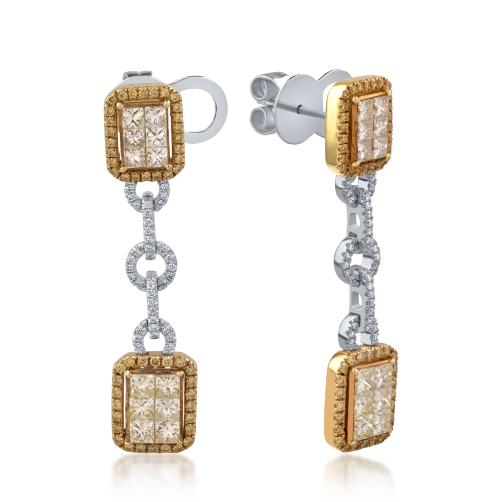 Cercei din aur alb-galben cu diamante round si princess de 2.91ct