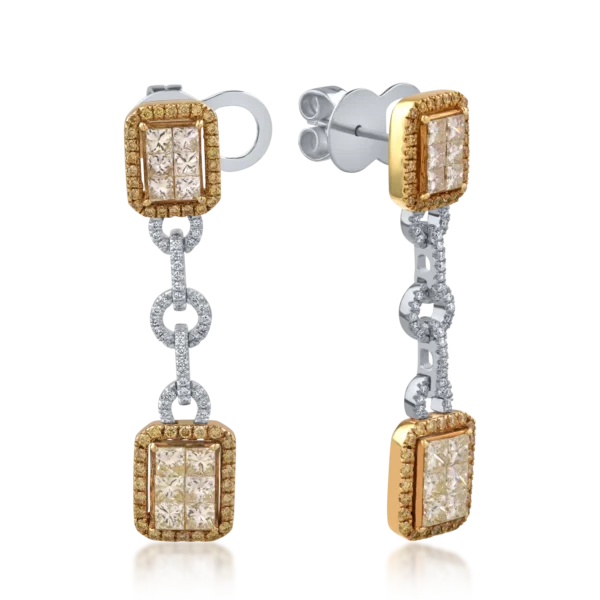 Cercei din aur alb-galben cu diamante round si princess de 2.91ct