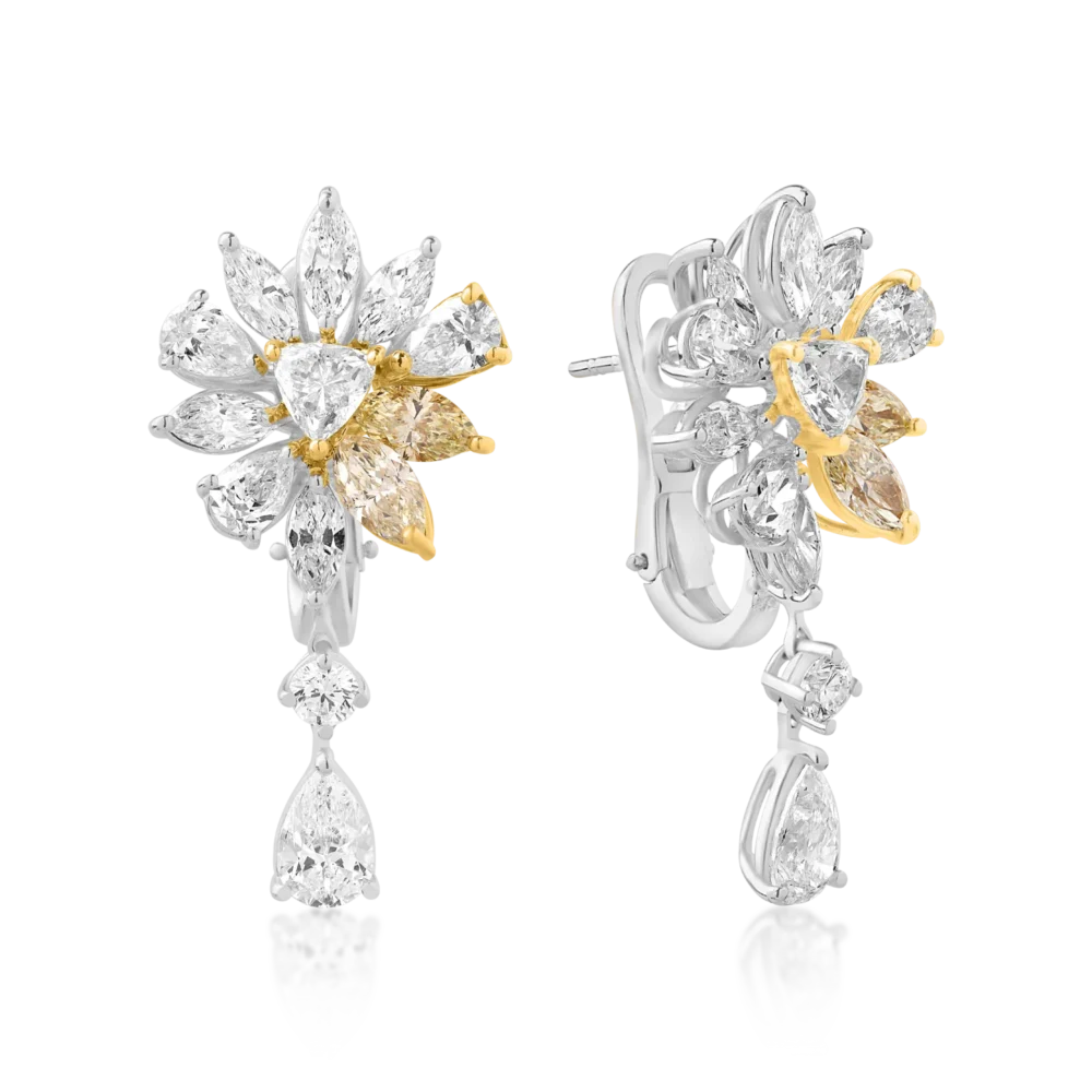 Cercei din aur alb-galben cu diamante incolore de 2.94ct si diamante galbene de 1.22ct