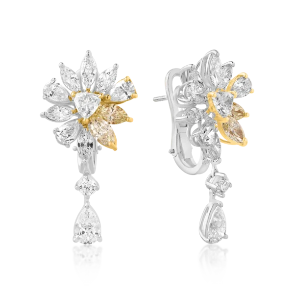 Cercei din aur alb-galben cu diamante incolore de 2.94ct si diamante galbene de 1.22ct