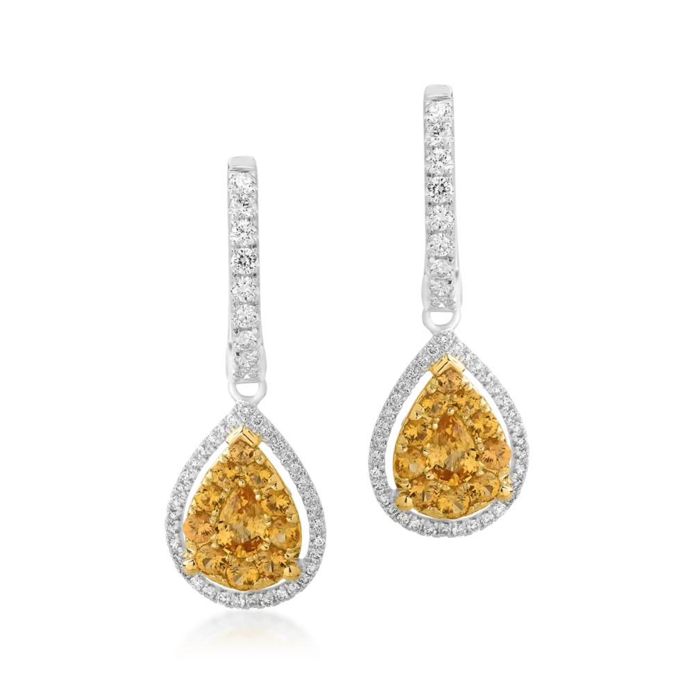 Cercei din aur alb-galben cu safire galbene pear si rotunde de 0.94ct si diamante de 0.48ct - imagine 2