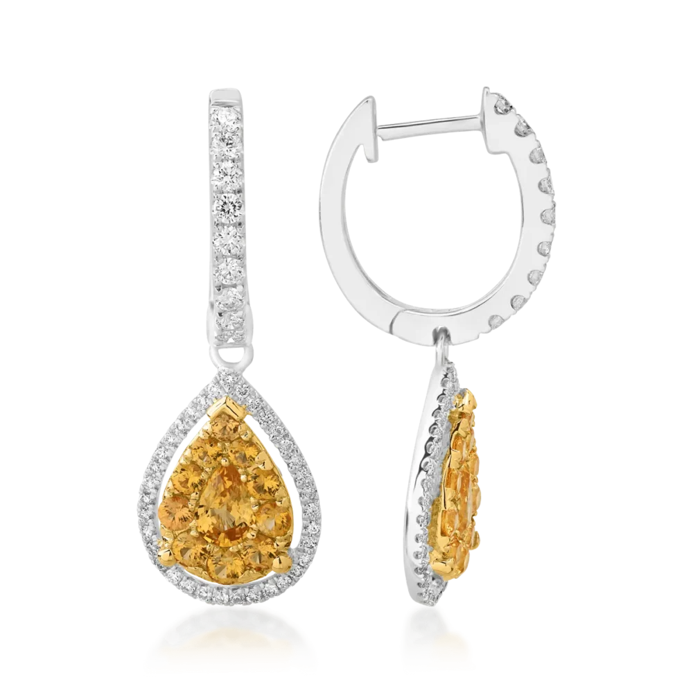 Cercei din aur alb-galben cu safire galbene pear si rotunde de 0.94ct si diamante de 0.48ct - imagine 3