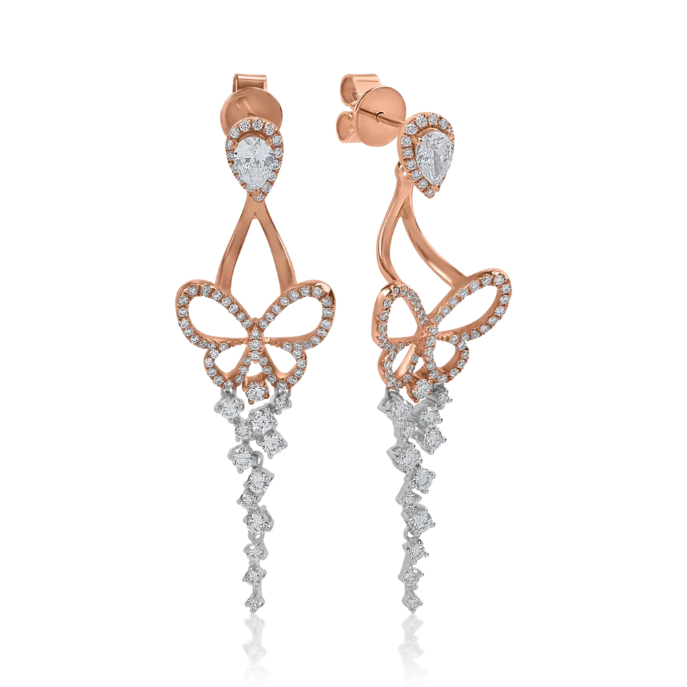 Cercei din aur alb-roz cu diamante pear si rotunde de 1.441ct