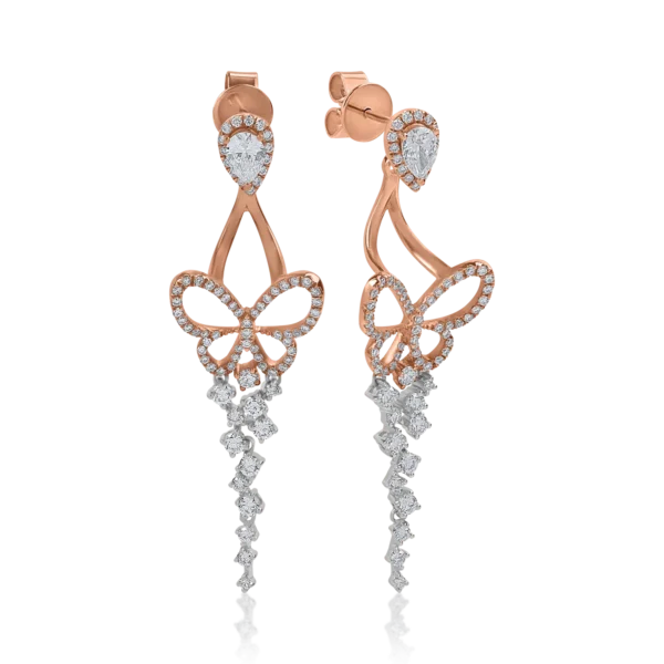 Cercei din aur alb-roz cu diamante pear si rotunde de 1.441ct