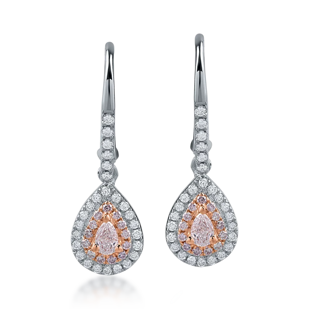 Cercei din aur alb-roz cu diamante roz pear si rotunde de 0.38ct si diamante incolore de 0.31ct - imagine 2